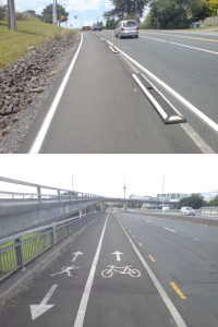 Triangle Road and IanMcKinnon Drive overbridge: Even these somewhat flawed protected one-ways offer more potential for long-term cycle growth than shared paths.