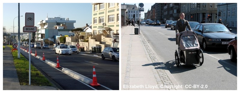 "Auckland-style" cycle lane to left, and "Copenhagen style" cycle lane to the right. Though to be fair, the Auckland example is narrower than the Copenhagen example - unlike in the table below, where we assume the same total width.