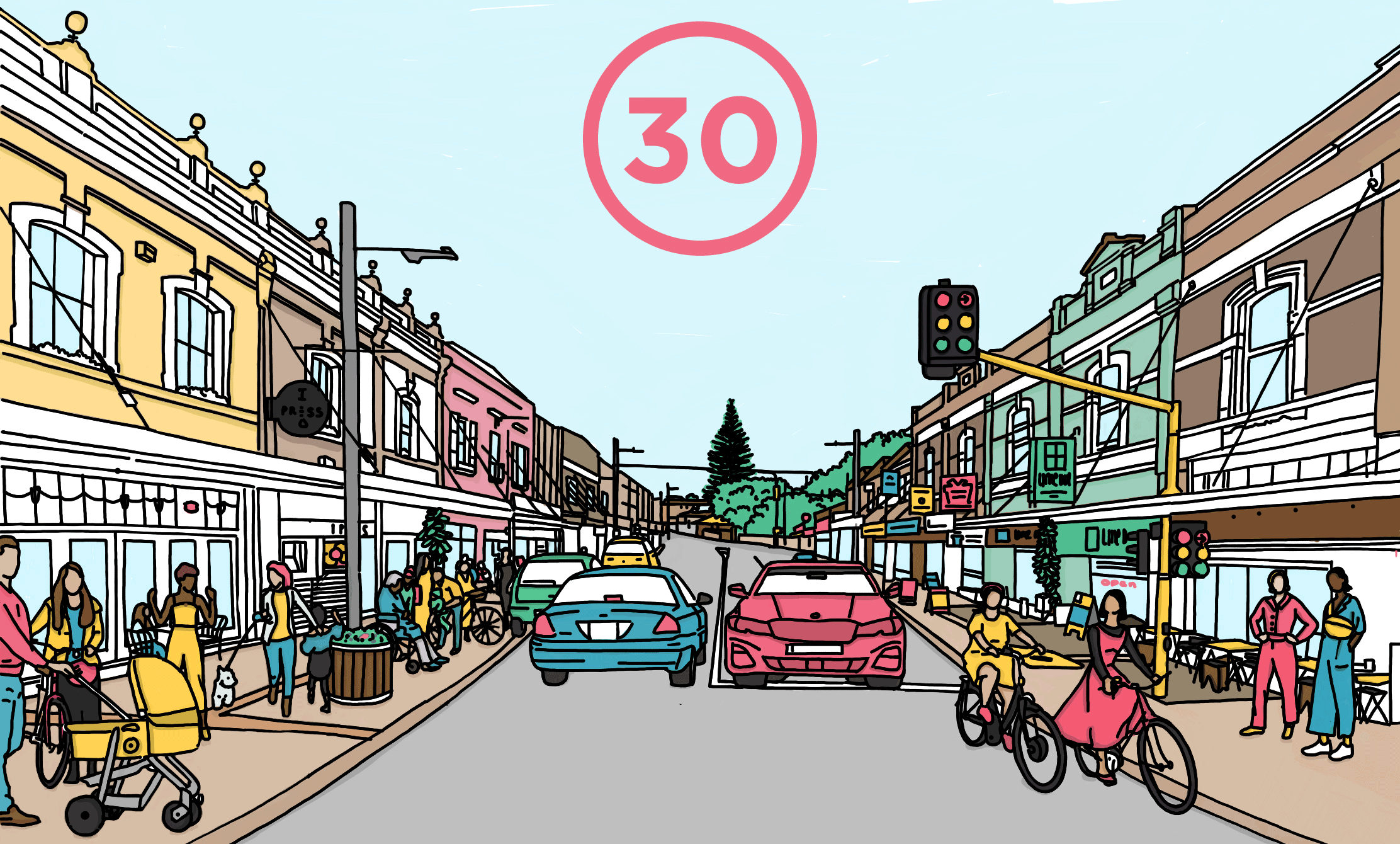 An illustration of a town centre busy with people walking, and riding bikes. There are a couple of cars. There is a 30km/hr speed sign at the top of the image.