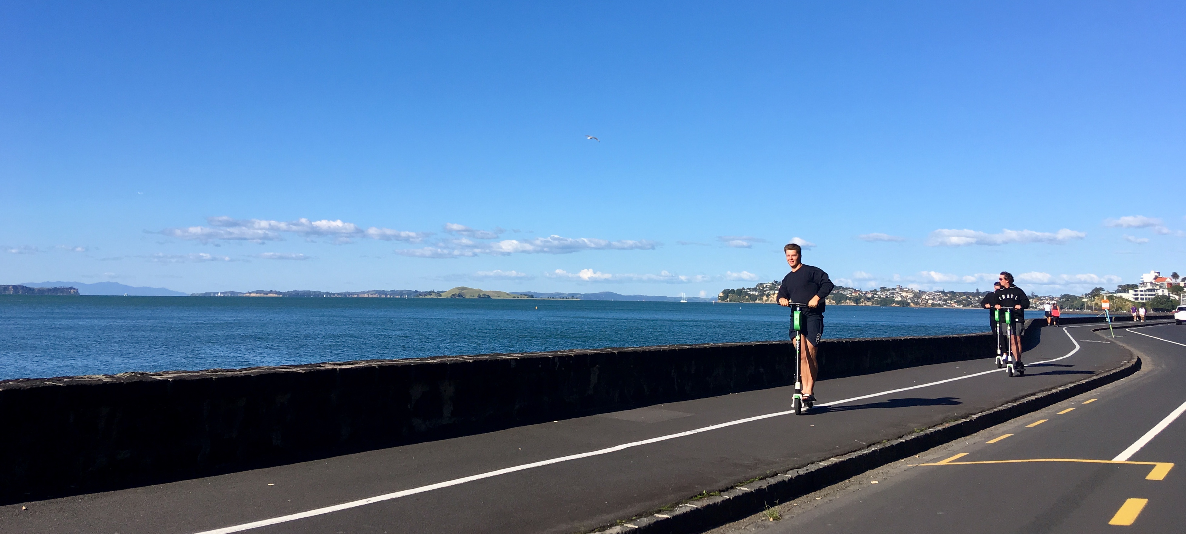 Tamaki Drive scooters sunny day - Bike Auckland