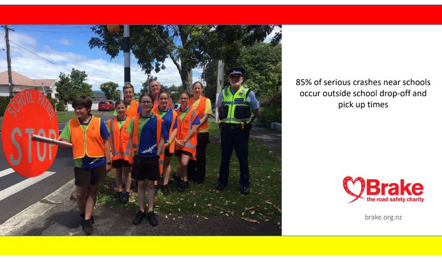 85% of serious crashes near schools occur outside of school drop off and pick up times. Includes a photo of school children near a pedestrian crossing and a police officer. 