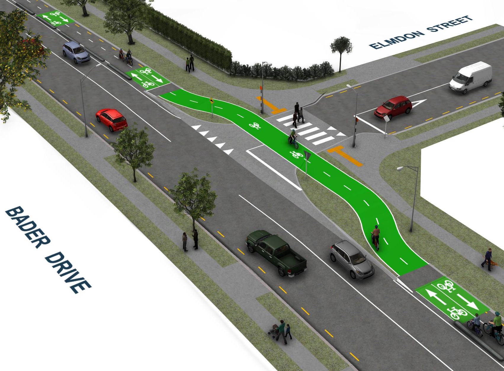 Image: Concept art of the new Bader Drive bi-directional cycle lane design as it navigates a T-intersection. 