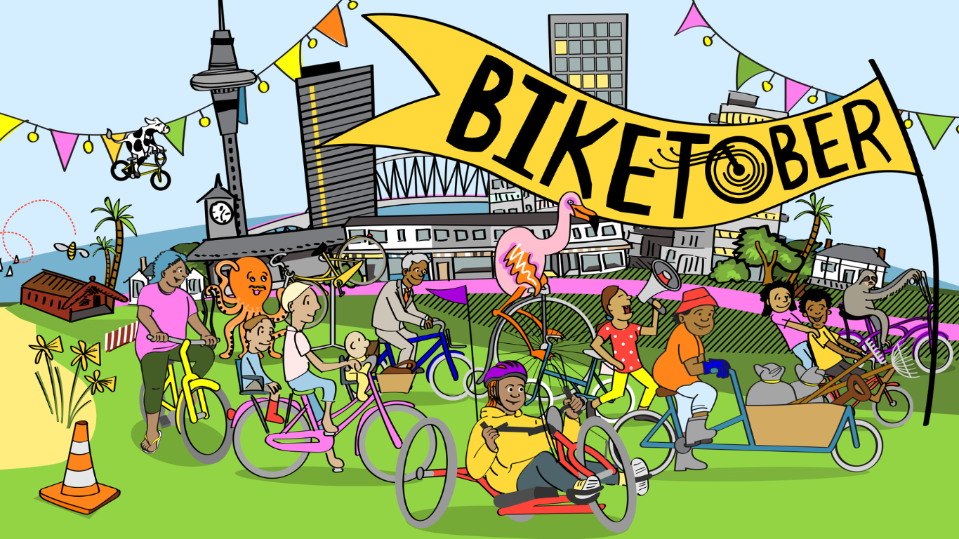 cartoon of lots of different kinds of people on bikes in front of an Auckland cityscape