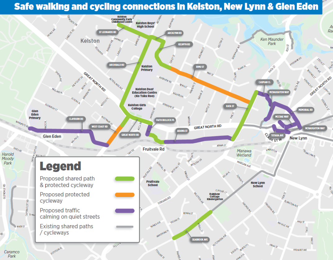 A map showcasing the routes for the Kelston and New Lynn walking and cycling improvements. 