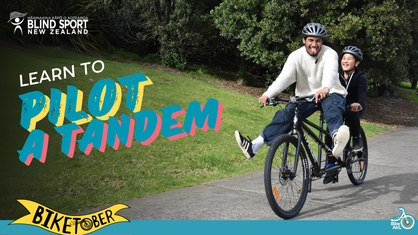 A man and a boy grin as they ride on a tandem together in a park. Overlaid is a title Learn to Pilot a Tandem