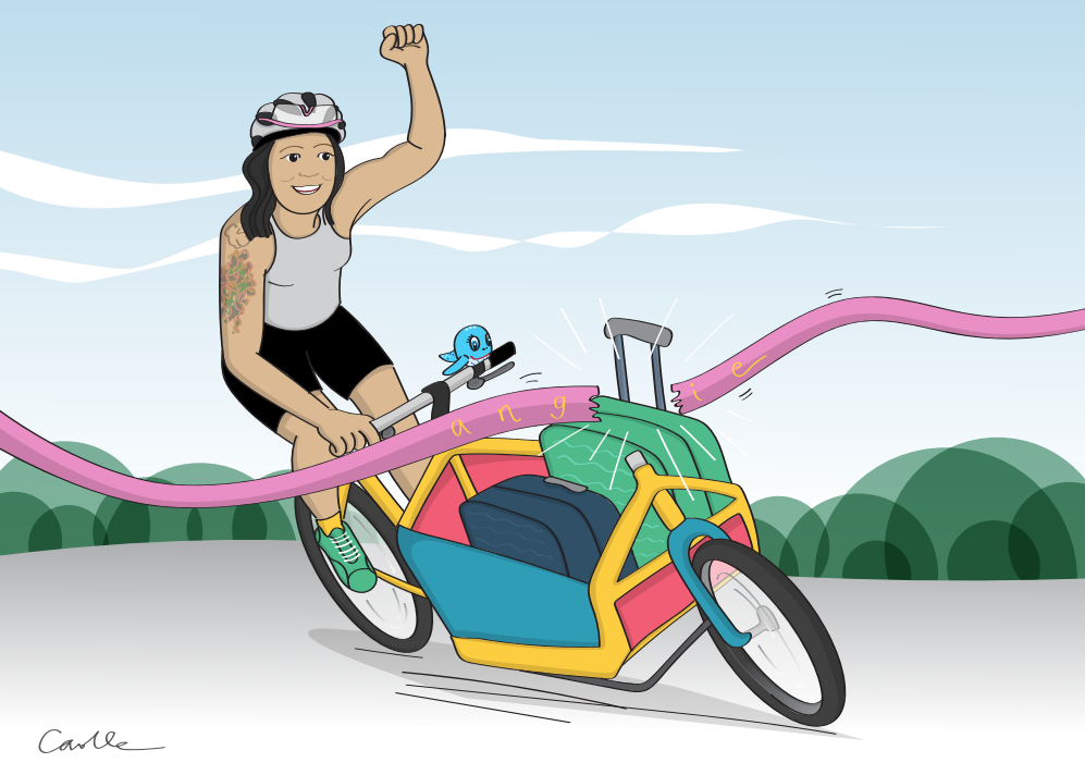 Cartoon of Angie on a cargo bike racing through a ribbon, fist raised in victory