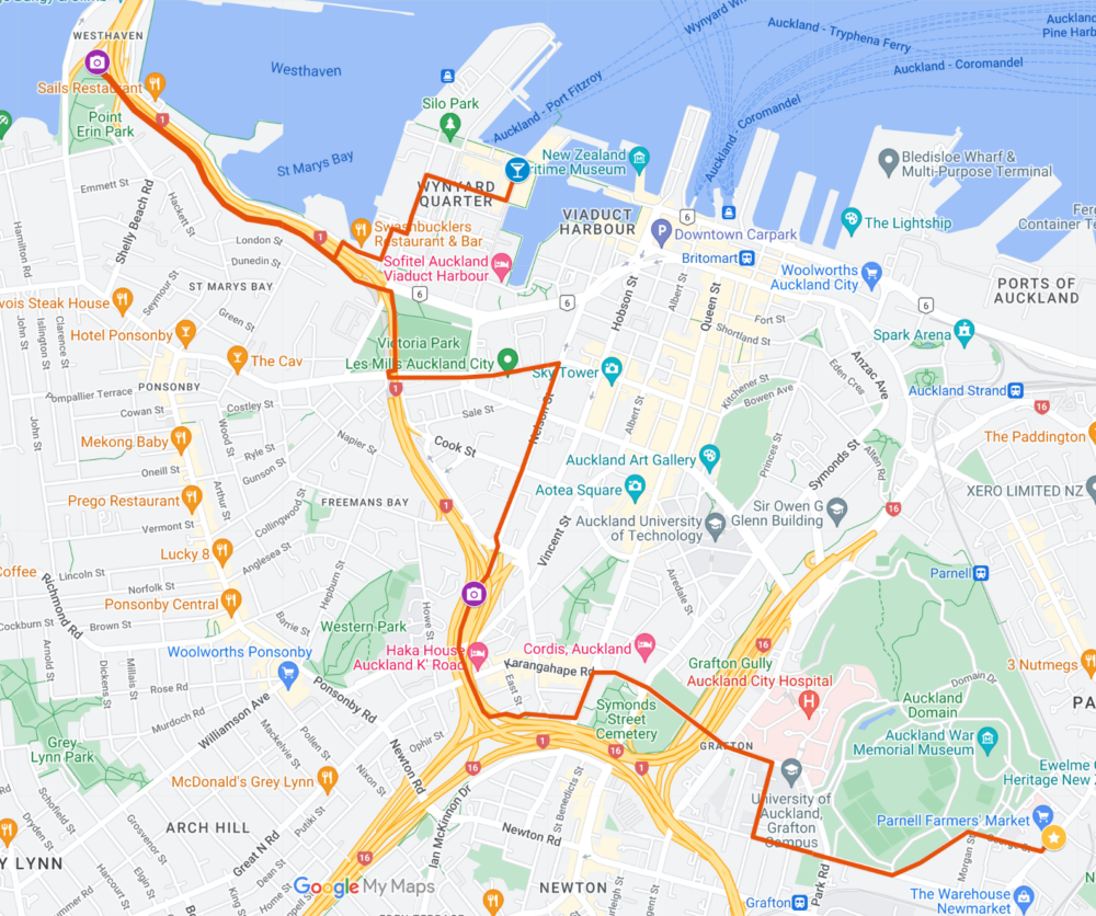 Map showing route from Parnell to Wynyard Quarter