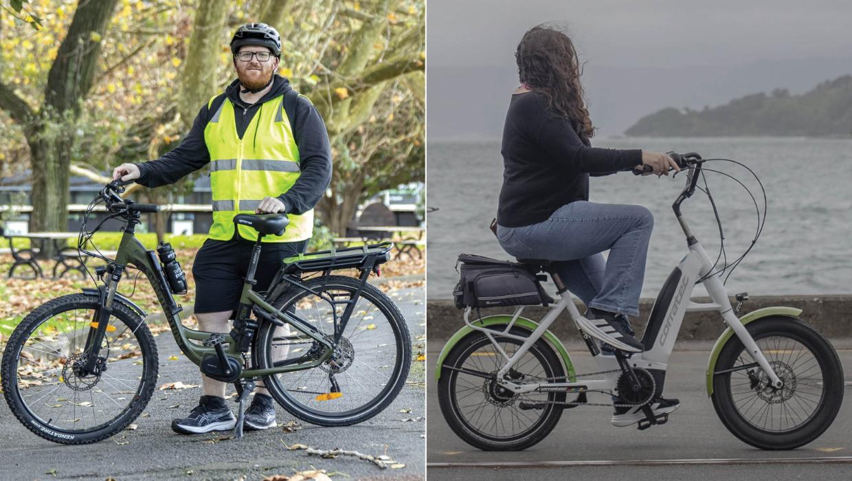 Two pics of people with e-bikes