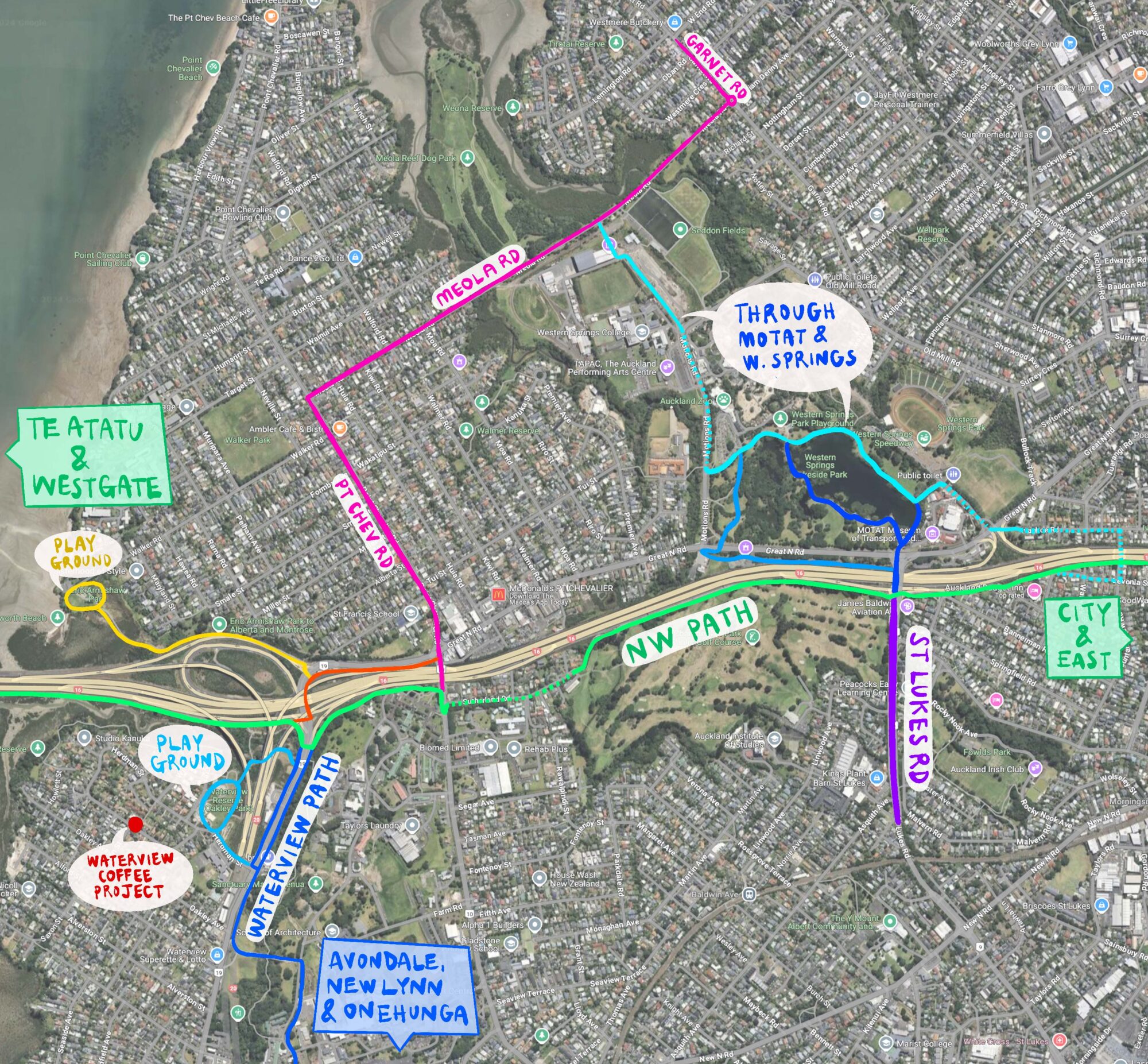 aerial view of inner west Auckland with bike paths marked in coloured lines