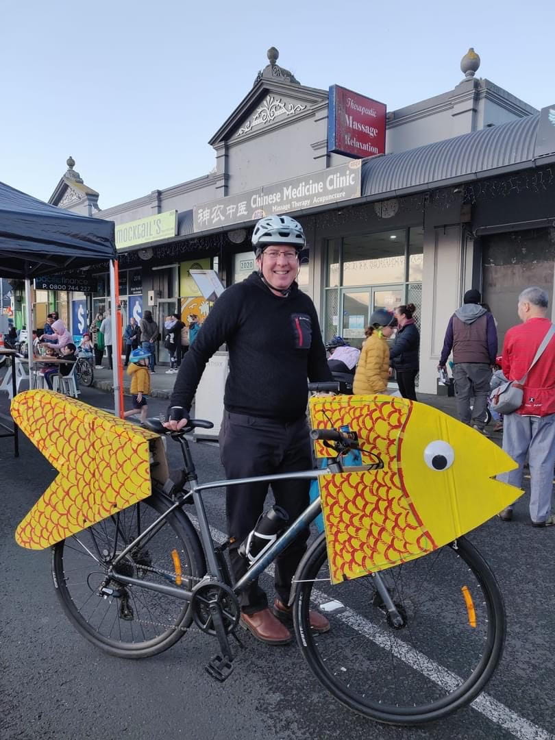 Roger Lacey with a bike decorated as a fish