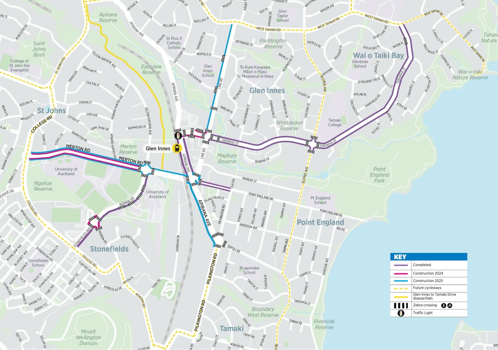 Map showcasing planned cycleways along Merton Road, Line Road, Taniwha Street, Apirana Avenue, Stonefields Road, and Morrin Road.